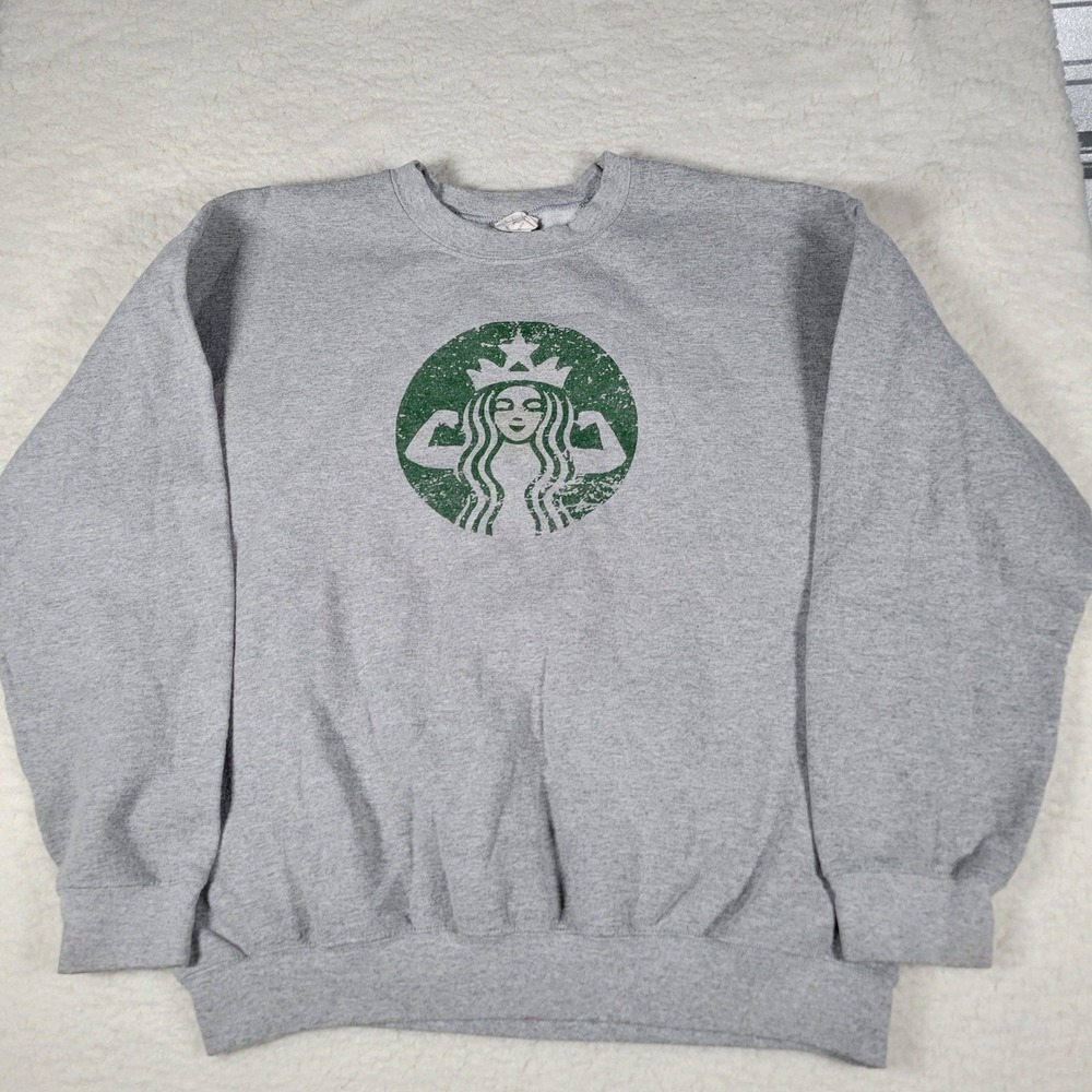 Gildan Sweatshirt Mens Large Gray Starbucks Parody Strong Siren Graphic Crewneck